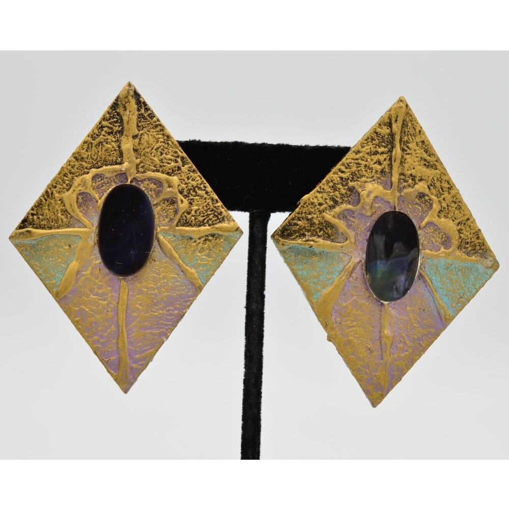Vintage Statement ClipOn Earrings Painted Wood Golden Purple Chunky NOS 80s BnS